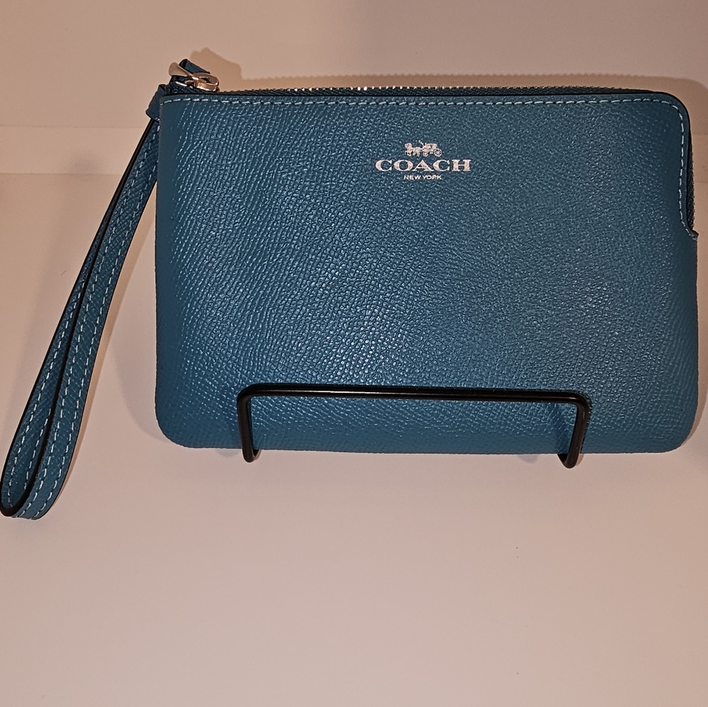 Coach Teal Leather Wristlet with Zip Over Corner